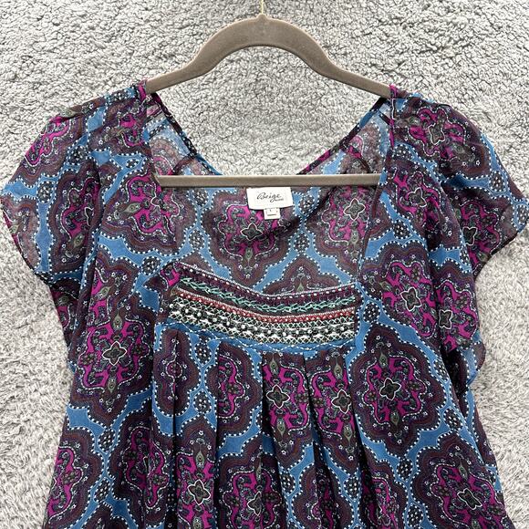 Beige by eci Large Sheer Blouse Beaded Neckline Colorful Boho Feminine Flowy - Picture 3 of 9